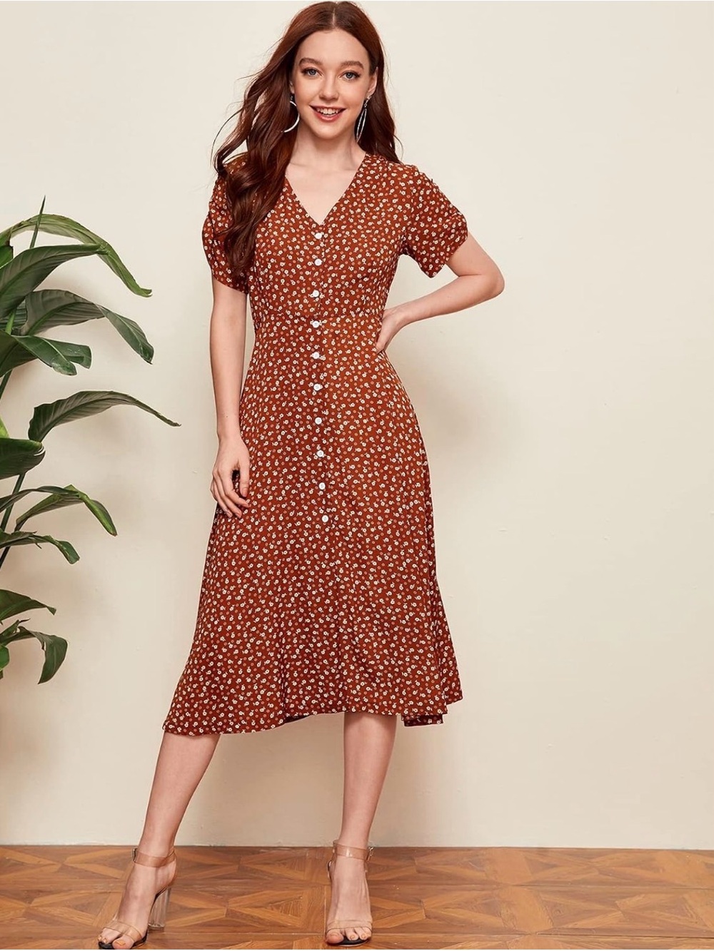 SHEIN Rust Brown Floral Button-Front Midi Dress S 4